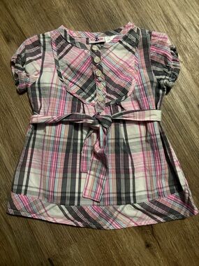 KidZone - Pink & Gray Plaid Button-Front Dress with Bow - Size 12 Months